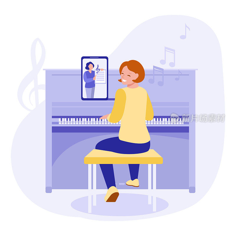 The concept of learning to play the piano online. Lessons on the tablet. Vector illustration. Flat style.